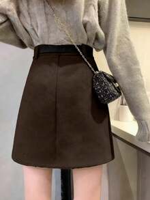 Falda midi de lana de corte asimétrico y cintura alta con diseño de línea A, para primavera - Café integral - Ver 2