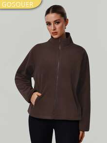 女士时尚冬季立领抓绒户外休闲跑步运动上衣保暖拉链外套 - 咖啡棕 - 查看 8