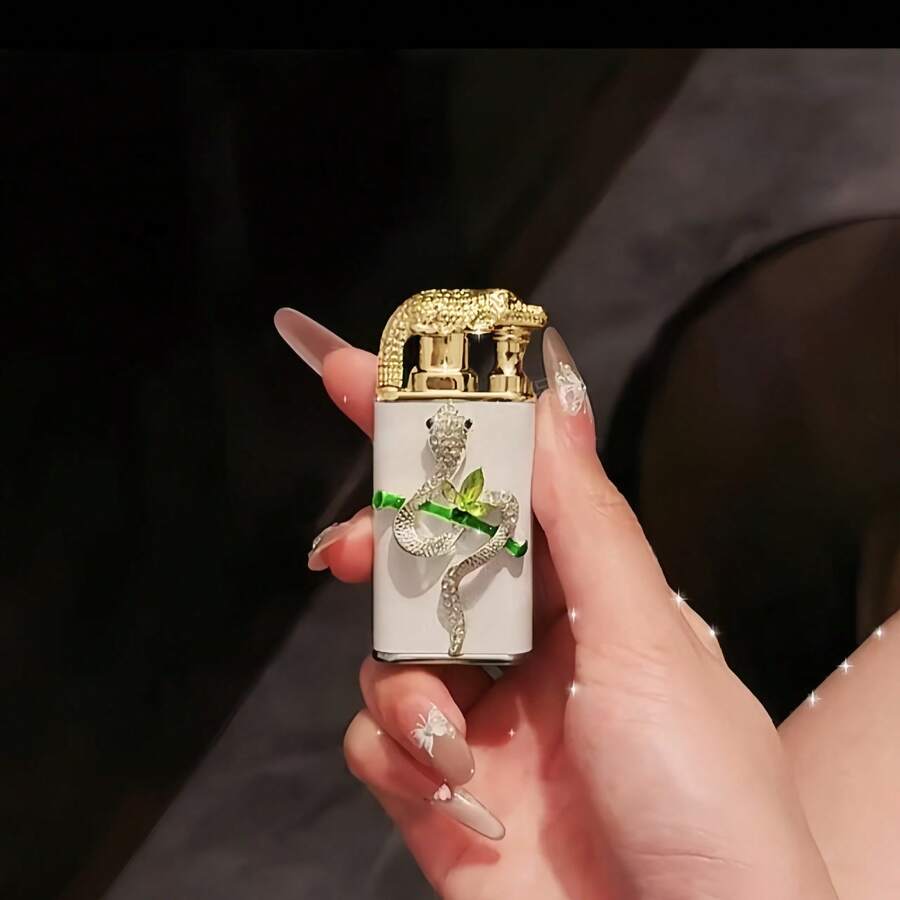 Cute Lighter, Dual Flame Windproof Lighter, Heart/Snake Design Lighter, Metal Embossed Rhinestone Butane Torch Lighter, Refillable Adjustable Flame - 蛇(無氣) - 查看 1