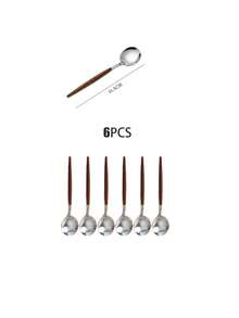 6件套奢华复古不锈钢甜点勺叉套装，优雅欧式蛋糕咖啡餐具 - 卡其色 - 查看 11