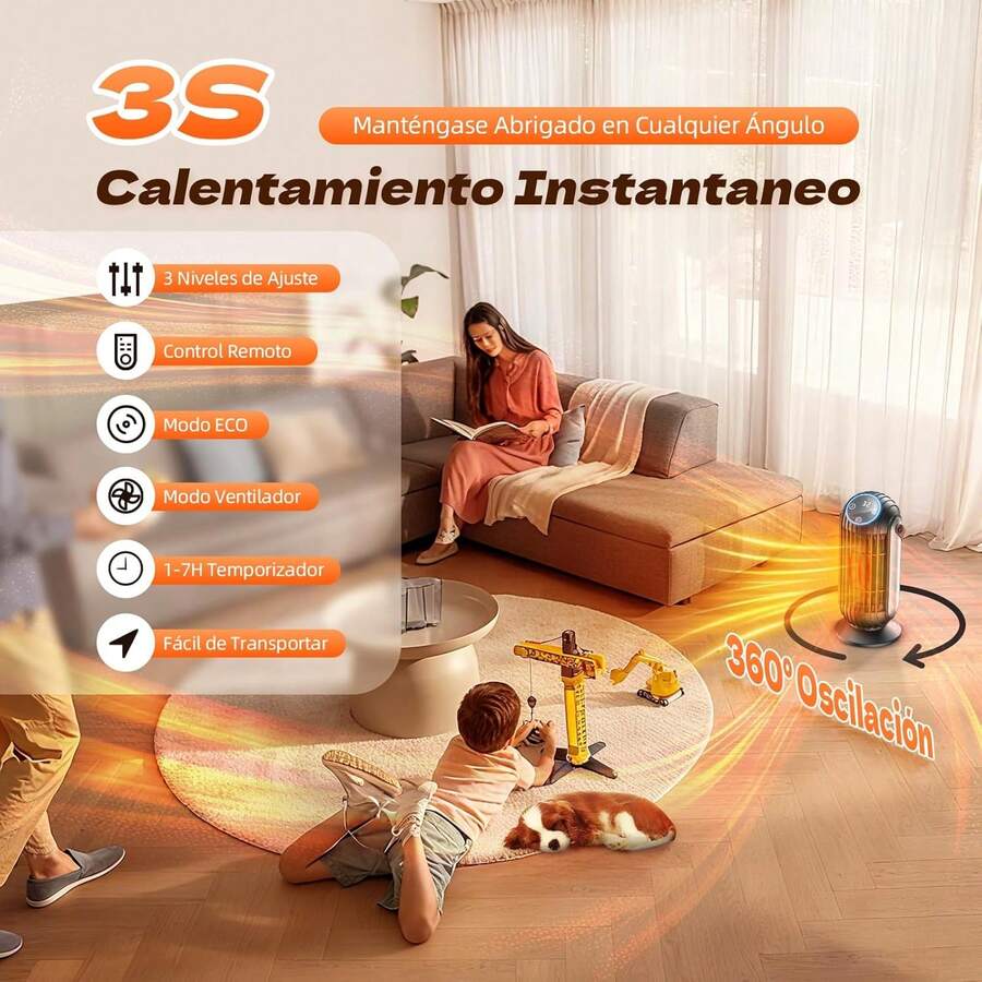 Calentador Electrico para Hogar, 1500W Calentador de Cerámica PTC, Protección de , con 3 Modos, Mandos a Distancia y 1-7 Sincronización, Portátil Calentador para Sala, Oficina, Dormitorio - 1 - Ver 1