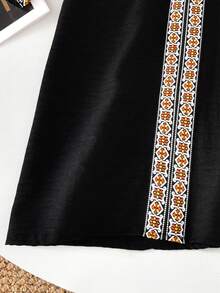 Vihyde 1pc Young Boy Middle Eastern Long Robe, Black With White & Orange Geometric Trim, Long Sleeve, Stand Collar, Pockets - Black - View 9