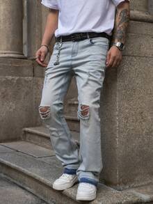 Men's Light Wash Distressed Stretch Slim Fit Flare Leg Jeans, American Casual Street Style Ripped Denim Pants, All Season - Light Wash - View 7