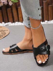 2026 New Style Multi-Strap Buckle Slip-On Sandals, Summer Must-Haves, Women Fashion Minimalist Wide Strap Sandals, Daily Casual Vacation Beach Non-Slip Soft Bottom Retro French Style Flat Shoes, Compatible With Dresses - Black - View 5