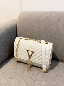 Women's Handbag, Tote Bag, Shoulder Bag, V-Shaped Bag, High-End Bag, Tassel Bag, Suitable For Holiday, Office Lady & Student, Black - White - View 2