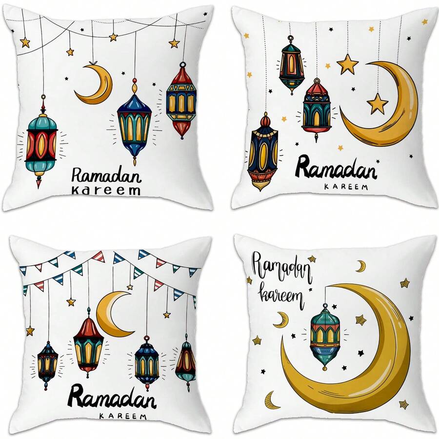 4 Stück Eid Mubarak Kissenbezüge, Ramadan-Themen Dekoration, Cartoon Mond & Stern Lampen Muster, Polyester Stoff mit Reißverschluss einseitig bedruckte Kissenhüllen, Eid, Ramadan Heim-Dekoration, geeignet für Feiertags-Artikel, Heim-Sofa Bett Stuhl Dekoration, Landhausstil Außenterrassen Dekoration - Verschiedenfarbig - Übersicht 1