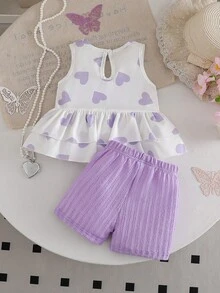 2 pièces/Set Tenue décontractée et douce pour bébé fille, Top sans manches à imprimé cœur avec double volant et nœud, short unicolore confortable. Ensemble d'été - Parme - Voir 2