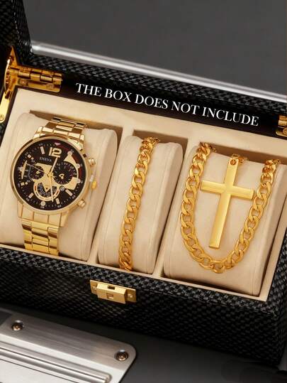四件套奢华男士黄金套装：多功能石英表、粗链手链和十字架项链，完美搭配。腕表采用黑色表盘，搭配金色刻度，并以红色和蓝色光轨点缀，更添时尚感，配以舒适的纹理钢表带。与之相配的粗链手链大胆而时尚。