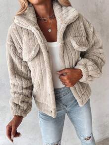 Women's Plush Jacket - Soft Pink Winter Coat With Stand-Up Collar &, Button-Front Closure, Machine Washable Cozy Outerwear For Fall/Winter, Casual & Professional Wear  Solid Faux Fur Trucker Jacket, Casual Long Sleeve Jacket For Fall & Winter, Women's Clothing  Define Jacket  Sports Jacket  Ski Clothes Women  Zip Up Jackets  Fitted Jacket  Winter Coat For Women  Abrigos De Invierno Para Mujer  Women's Winter Clothing Of Women's Winter Clothing Women's Winter Fashion Women's Winter Promotion Of Women's Winter Clothing Christmas  Ugly Christmas Sweater Women Curve - 杏色 - 查看 3