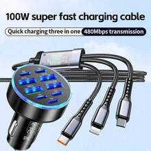 Set de 9 cargadores para auto con cable de carga rápida 3 en 1 (USB a Type-C + Lightning + Micro USB), compatible con dispositivos Apple///