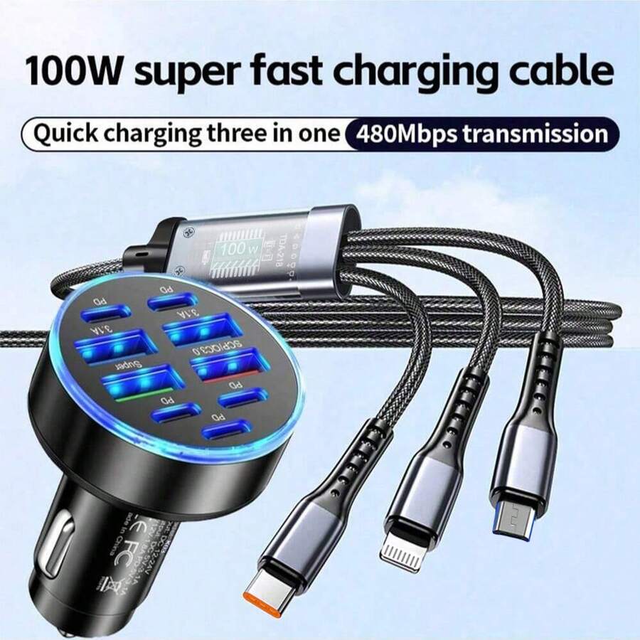 Set de 9 cargadores para auto con cable de carga rápida 3 en 1 (USB a Type-C + Lightning + Micro USB), compatible con dispositivos Apple///