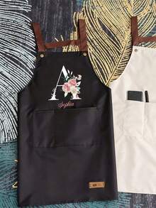 1pc Customized Floral & Alphabet A-Z Print Apron With Large Pocket, Waterproof, Stain & Oil Resistant. This Personalized Kitchen Cooking Apron With Adjustable Neck And Waist, Suitable For Cooking And Grilling, Great Gift For Christmas And Thanksgiving, Unisex. - Multicolor - View 9