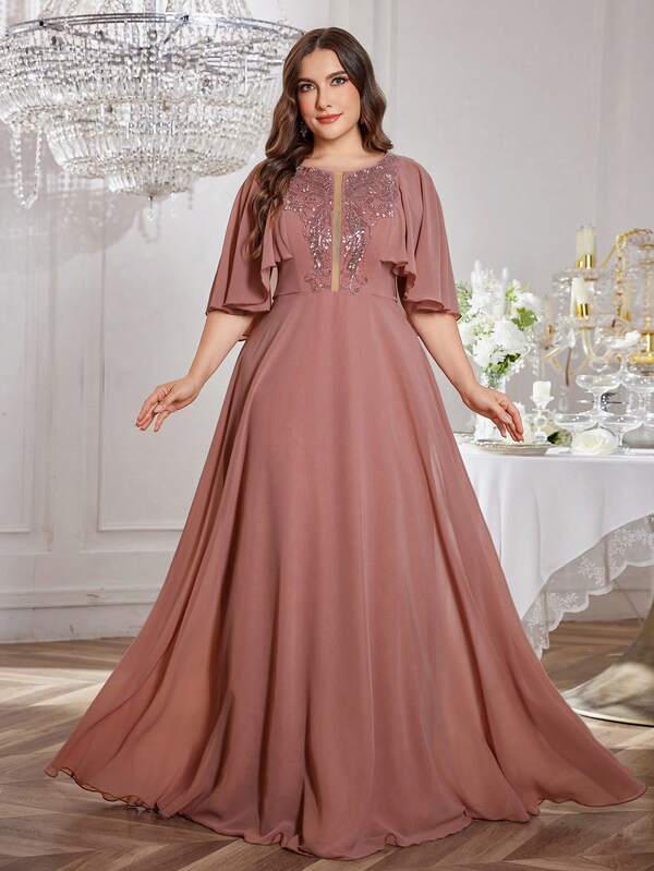 SUPGIR Plus Women's Round-Neck Floating Piece Sleeve Sequin Patchwork Slim-Fitting Chiffon Evening Dress,Bride Dress, Birthday Women Outfits, Graduation Dress, Formal Dress