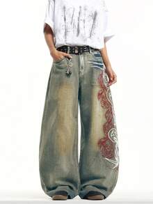 1pc Hong Kong Style High Street 3D Embroidered Floral Fashion Versatile Men's Washed Loose Wide Leg Jeans (Product Does Not Include Belt And Accessories) - Blue - View 7