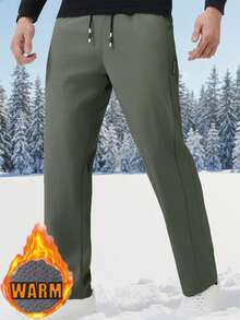 男士加厚抓绒舒适运动裤，适合秋冬季穿着，带口袋，休闲风格，加厚保暖。运动休闲裤，适合寒冷天气居家休闲和户外快速跑步。 - 軍綠色 - 查看 3