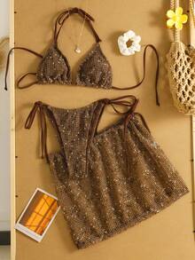 2件套女士春夏沙滩比基尼套装，钩针编织露背系带比基尼上衣搭配钩针编织波西米亚风度假迷你裙，适合海滩、休闲、度假和泳池派对。 - 棕色 - 查看 5