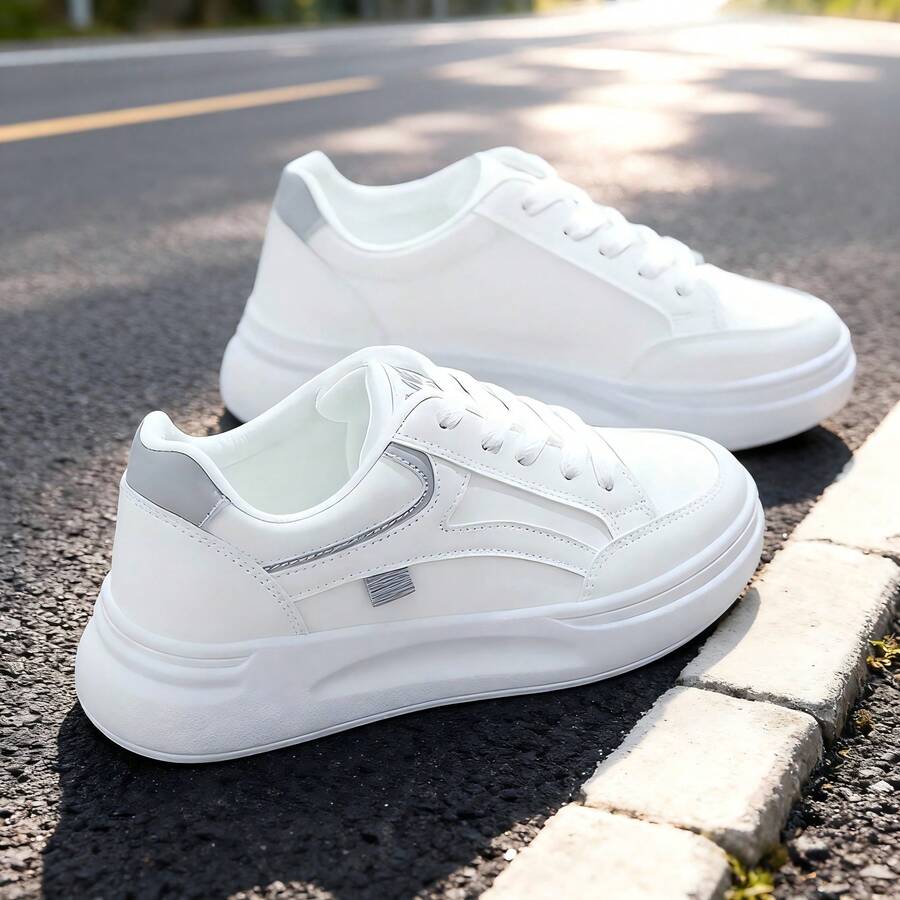 Thick-Soled Women's White Sports Shoes! Simple Pure White / Invisible Height Increase, Soft And Elastic Leather For A Luxurious Feel, Cloud-Like Sole For Walking Without Tiring Feet! Suitable For Daily Outings, Work Commuting, Dating And Shopping, Sports And Leisure, Suitable For All Kinds Of Sports - 升級灰 - 查看 1