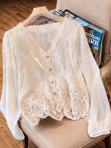 JIANHU V-Neck Retro Patchwork Hollowed Out Long Sleeved T-Shirt Spring - Apricot - View 4