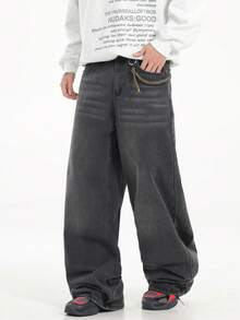 1 pieza Pantalones vaqueros de pierna ancha de estilo coreano, ajuste holgado, lavado, de estilo casual de la marca Justice Brother - Negro - Ver 7