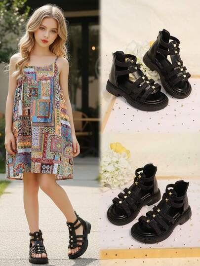 1 Pair Black Roman Sandals For Teenage Girls, Soft Leather & Fabric Woven Patchwork, Gold Buckle Decor, Zipper Back, Open Toe, Non-Slip Soft Sole, Fashion & Cute, Suitable For 3-15 Years Old Girls Daily, Beach, Campus, Holiday Wear, Spring/Summer 2026