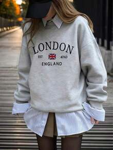 2026 New Arrival Women's Crew Neck Sweatshirt, Spring & Autumn Casual Colorblock & English Print Design, Versatile Daily Streetwear Top, Casual Outfit Perfect For Spring Break & Back To School Daily Wear, Sudadera Casual Para Mujer - 深灰色 - 查看 6