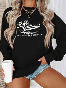 Women'S Y2K Style Black Sweatshirt With "R.M. Williams The Bush Outfitter" Print - Casual Crew Neck, Short Sleeve, Stretchy Polyester Blend, Perfect For Casual Attire, Casual Wear | Y2K Fashion | Stretchy Fabric |   Plus Size - 黑色 - 查看 2