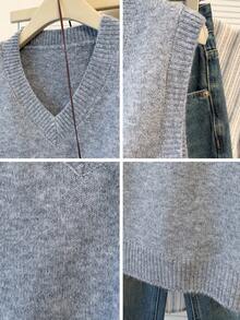 JIANHU 浅灰色 V 领针织毛衣背心 - 秋冬、办公室派对和休闲周末 - 灰色 - 查看 11