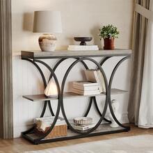 Mesas de Consola estrechas de 39 Pulgadas para Entrada, Mesa de sofá Industrial de 3 Niveles con Base Redonda de Metal y estantes de Almacenamiento para Sala de Estar, Pasillo, vestíbulo - Gris - Ver 6