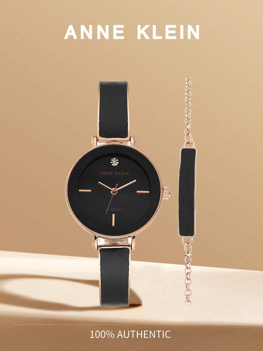 Anne Klein Women's Diamond Bangle Quartz Watch With Bracelet Set Glossy Black Dial Bracelet Watch For Female Luxury Ladies Gift Watch,AK/3620BKST - Black - View 1