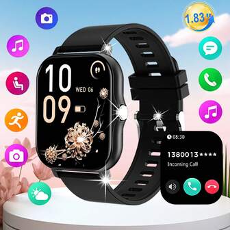 1.83英寸大屏幕硅胶表带男女通用智能手表，支持无线通话、信息通知、健身追踪和多种运动模式，适合作为生日、节日、毕业典礼、万圣节礼物送给情侣、长辈和朋友。