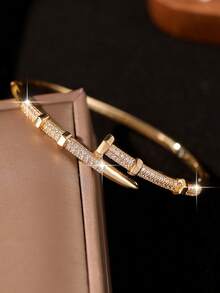 1pc Elegant Buckle Nail Gold Plated Bangles Luxury High-End Cubic Zirconia Cuff Bracelet For Women Engagement Wedding Birthday Anniversary Festival Gifts Copper Jewelry - Bracelet - View 8