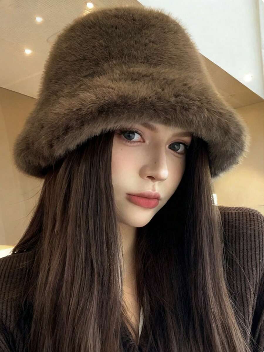 1pc All-Match Casual Versatile Warm Fuzzy Bucket Hat Cold Weather Outfit Women - Dark Brown - View 1