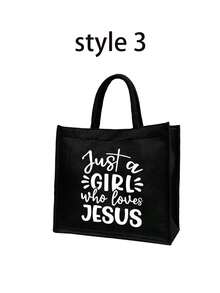 一套轻便手提包和化妆包，女士大容量亚麻托特包 - 简约“Just A Girl Who Loves Jesus”英文字母、心形和十字架图案，基督教主题大容量购物袋，创新设计，宽敞便携休闲手提包 - 彩色 - 查看 18