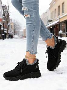 FZY New Winter Women's Snow Boots - Snow Sports Shoes With Non-Slip Rubber Soles, Perfect For Winter Outdoor Activities And Can Be Paired With Christmas Outfits. Suitable For Ice, Snow, And Muddy Environments - All-Terrain Traction, Easy To Put On And Take Off. Plus-Size Women's Winter Boots, Unisex Winter Footwear, Warm And Non-Slip Ankle Boots, Solid Color Minimalist Style Outdoor Hiking Shoes, Fur-Lined. Lace-Up Sneakers With Soft Fabric Lining And Cushioned Insoles. Warm And Comfortable Winter Boots. - 黑色 - 查看 2