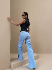 SQUALO Dark Blue Denim Jeans With Double Button Detail Spilt Hem - Dusty Blue - View 3