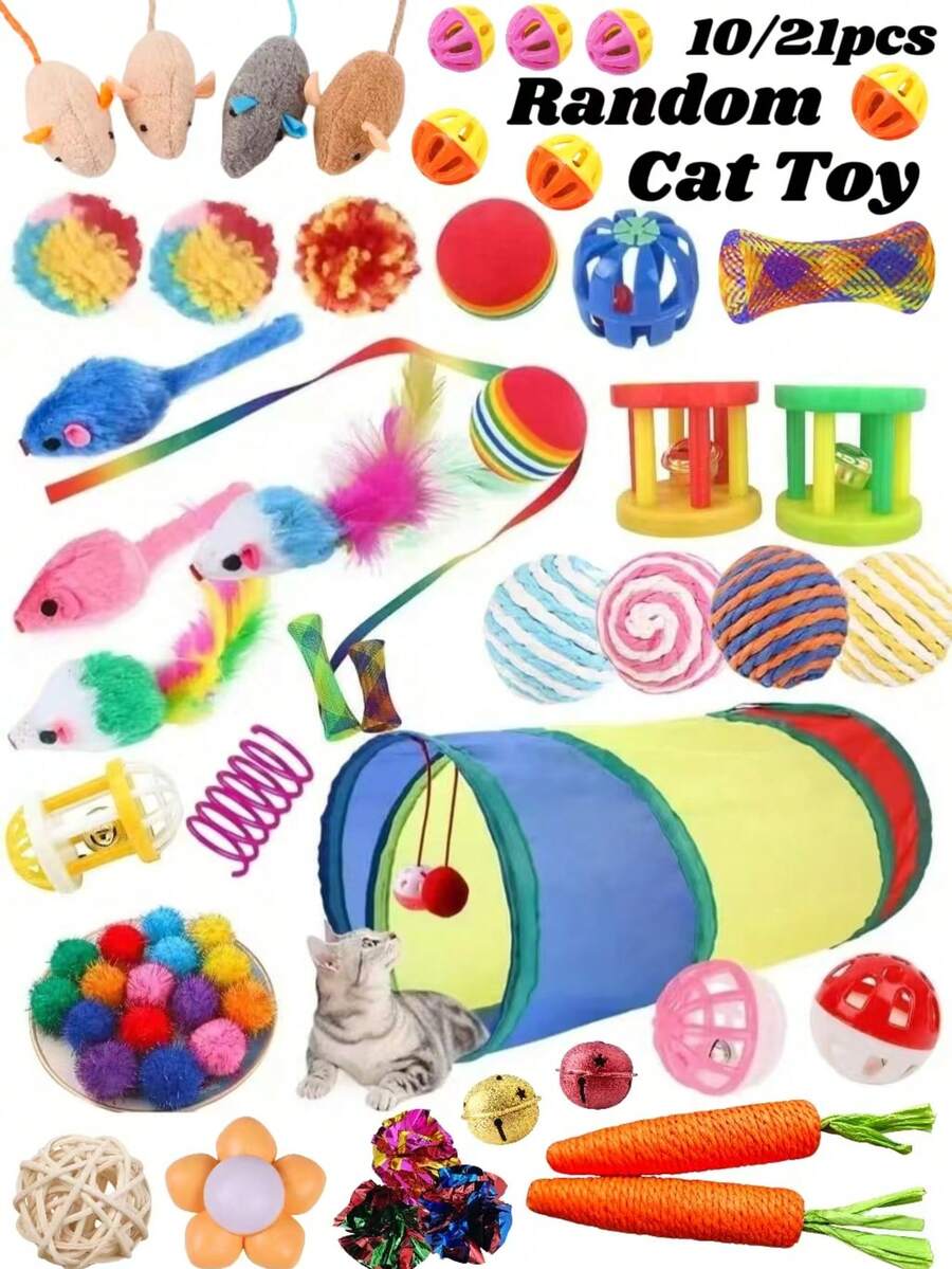Conjunto de 21 peças de brinquedos aleatórios para gatos, incluindo diversos sinos de plástico e bolas coloridas. O conjunto contém 1 túnel para gatos, ideal para brincadeiras dentro de casa. Um presente perfeito para gatos e amantes de gatos, seja para o Natal ou outras ocasiões especiais. - Multicolorido - Ver 1