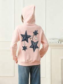 1pc Tween Girl Casual Printed Pullover Sweatshirt, Thermal Lined, Long Sleeve, Autumn/Winter - Pink - View 2