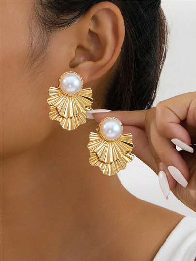 2件套复古优雅层叠扇形珍珠耳环，质感金色奢华珍珠水滴耳环，女士款