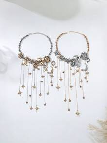 1 chiếc vòng cổ nhiều lớp bằng kim loại mạ vàng sang trọng cổ điển hình mặt trời, mặt trăng, ngôi sao dành cho nữ - Tua rua hình sao và mặt trăng - Xem 3