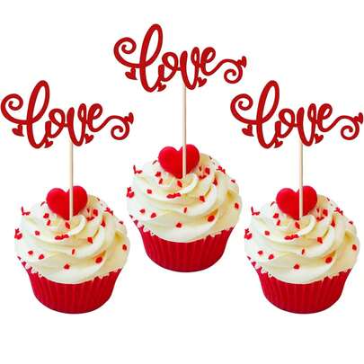 24PCS Valentine's Day Love Cupcake Toppers With Glitter Heart Letter Sweet Love Cupcake Picks Valentine's Day Theme Wedding Engagement Bridal Shower Birthday Party Cake Decorations Supplies Red