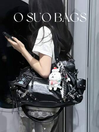 1pc Fashionable Vintage Rivet Motorcycle Bag, Y2K Babe Shoulder Tote Bag, High-Quality Large Capacity Underarm Bag, Casual Versatile Crossbody Bag, Suitable For Daily Work, School, Shopping, Travel, Commuting (Accessories Are For Decoration Only, Bag Only)