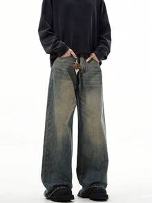 1 buc. Blugi casual pentru bărbați, la modă, largi, vintage, spălați, cu picior larg