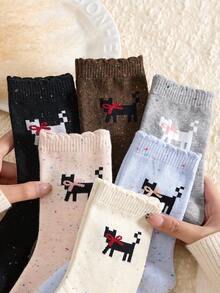 3-Pair Pack Women's (Best-Seller) Pointelle Chunky Rib Bow Cat Mid-Calf Socks – All-Season/Japanese-Style Elegant Long Socks, Versatile Chunky Rib Design | Wholesale | Random Colours | Must-Have Fashion Essential - Multicolor - View 1