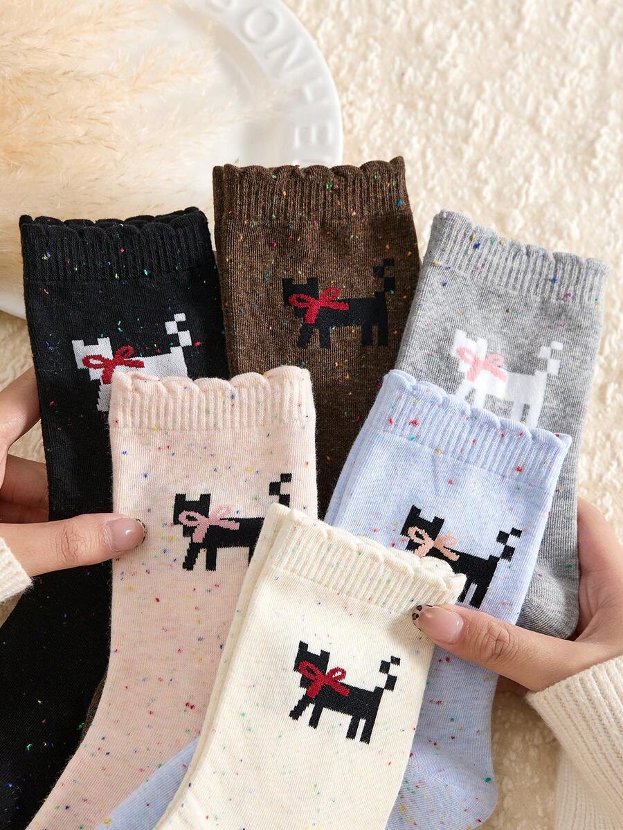 3-Pair Pack Women's (Best-Seller) Pointelle Chunky Rib Bow Cat Mid-Calf Socks – All-Season/Japanese-Style Elegant Long Socks, Versatile Chunky Rib Design | Wholesale | Random Colours | Must-Have Fashion Essential - Multicolor - View 1