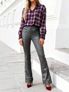 Damen Thermisch gefütterte Kunstleder Schlaghose, Skinny Fit, warme und bequeme PU-Leder Hose mit Stretch, Slim Fit Design - Grau - Übersicht 2