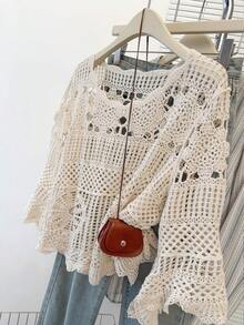 JIANHU Boho Crochet Hollow Knit Blouse – Spring Fall Lightweight Sweater Top, Vintage Loose Fit Pullover For Layered Casual Outfits - Apricot - View 6