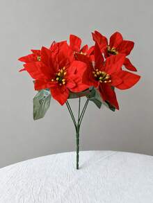 5 główek/1 bukiet sztucznych kwiatów poinsecji, krzewów, kwiaty świąteczne na werandę, do domu, ogrodu, do wnętrz i na zewnątrz (czerwony)