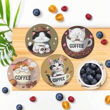 8件套钻石画杯垫套装，咖啡猫图案杯垫（带支架） - 家居装饰DIY钻石艺术工艺套装，适合初学者，钻石画工艺用品，人造钻石艺术工艺礼品 - 彩色 - 查看 7