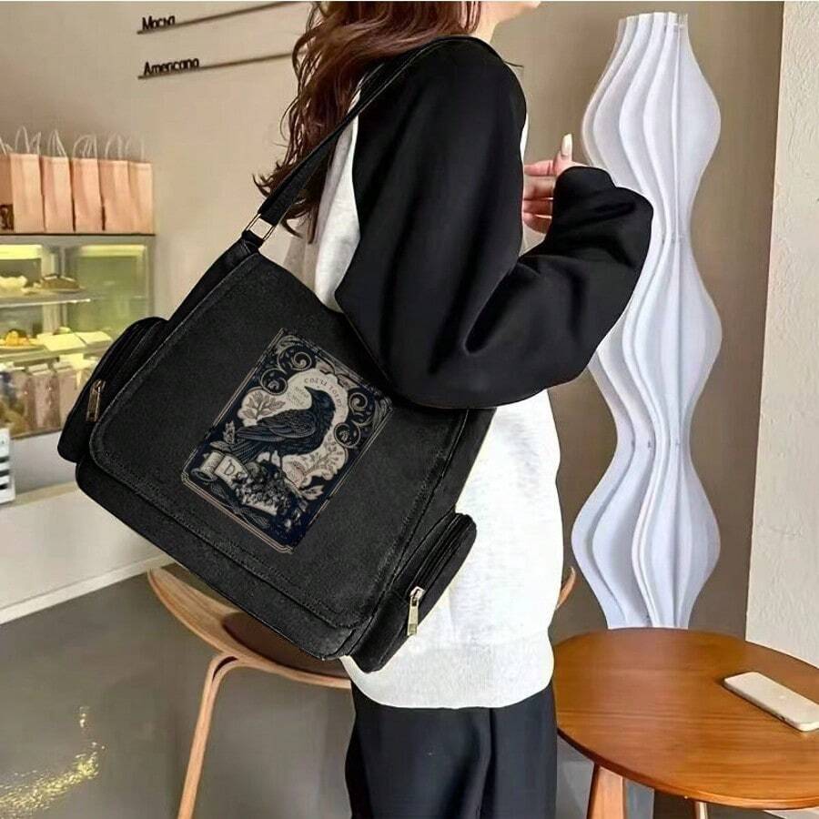 大容量乌鸦印花单肩包，复古翻盖手提斜挎包，适合各种场合——购物、旅行、用餐、送礼，大号斜挎包，女士小手提包，高品质女士背包，女士迷你单肩包，耐用面料，时尚，可作笔记本电脑包，书包，学院风学生单肩包，适合工作、学习和户外活动