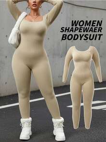 Plus Size Women Seamless Slimming Bodysuit With Compression, Long Sleeve And Pants